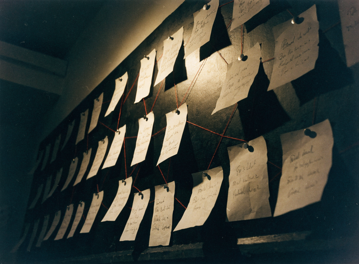 An investigation board showing connected evidence notes