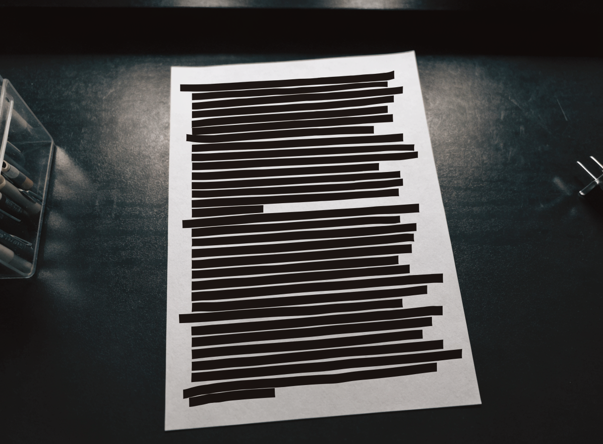 A document with redaction bars over sensitive text