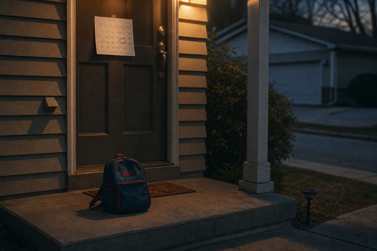 A child's backpack waiting on a porch step at dusk beside a calendar with a circled date
